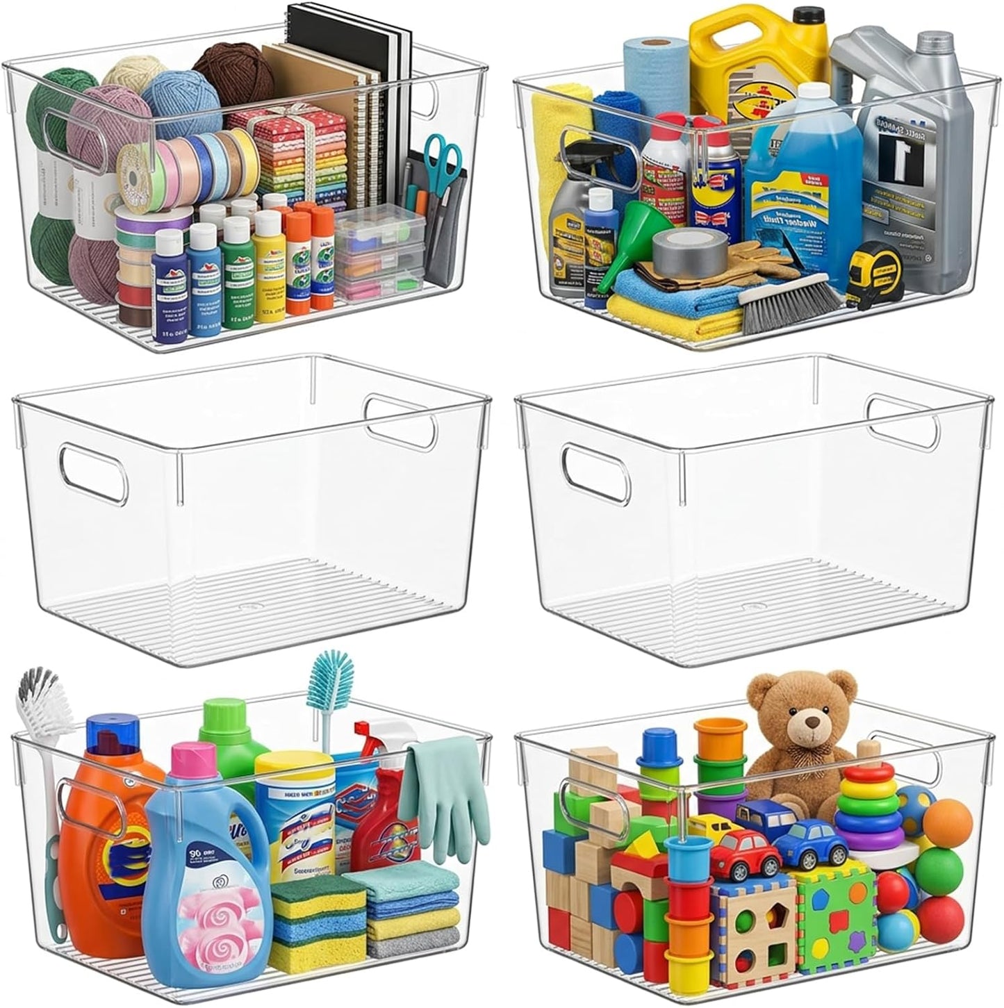 MOONEDGE 6 Pack Clear Organizer Bins 11x8x6in Pantry Organizers and Storage | Clear Containers for Organizing, Plastic Storage Bins with Handles for Drawer, Craft, Fridge, Kitchen Cabinet Shelf