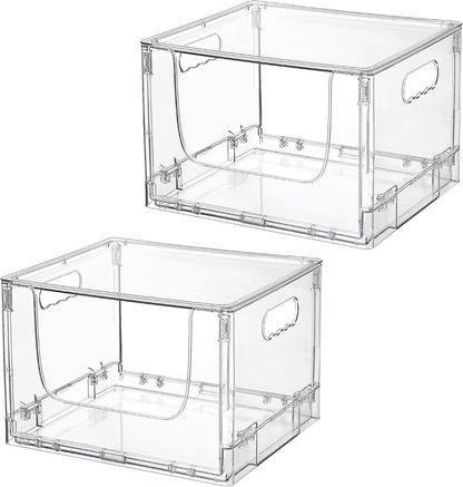 Vtopmart 2 Pack Large Foldable Open Front Storage Bins with Lids for Potato and Onion, Stackable Clear Plastic Container Organizer for Pantry, Kitchen, Cabinet, Bathroom, Closet Organization