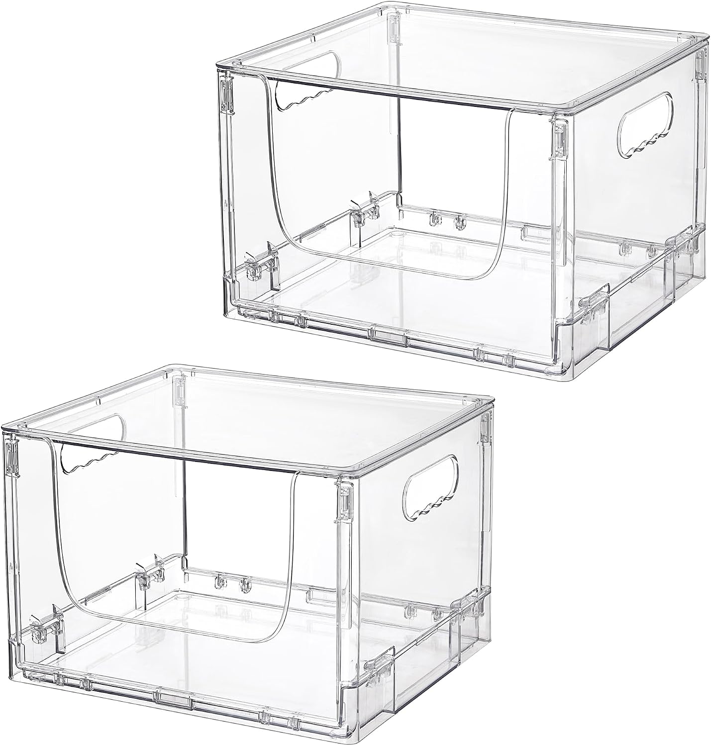 Vtopmart 2 Pack Large Foldable Open Front Storage Bins with Lids for Potato and Onion, Stackable Clear Plastic Container Organizer for Pantry, Kitchen, Cabinet, Bathroom, Closet Organization