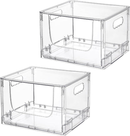 Vtopmart 2 Pack Large Foldable Open Front Storage Bins with Lids for Potato and Onion, Stackable Clear Plastic Container Organizer for Pantry, Kitchen, Cabinet, Bathroom, Closet Organization