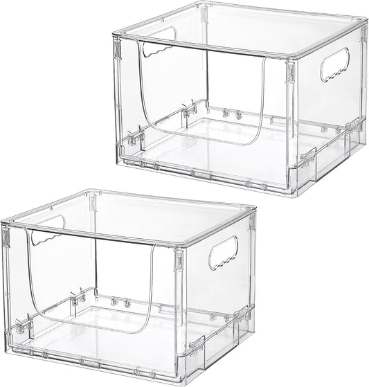 Vtopmart 2 Pack Large Foldable Open Front Storage Bins with Lids for Potato and Onion, Stackable Clear Plastic Container Organizer for Pantry, Kitchen, Cabinet, Bathroom, Closet Organization