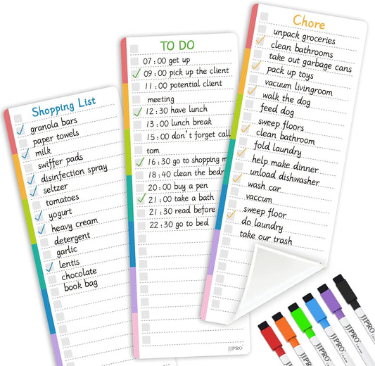 JJPRO Reusable Colorful to-Do List Whiteboard Stickers 4"x 11" 3 Pack for All Smooth Surfaces-Nonmagnetic Planner Sticks to Stainless Steel Fridge,Cabinet,Door and Glass