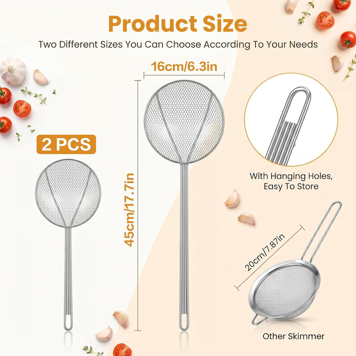 2 Pcs 17.7 Inch Stainless Steel Skimmer Round Plated Wire Strainer Fryer Spoon Mesh Stirring with Long Handle, Food Strainer Skimmer Spoon for Kitchen Fried Food Cooking Straining Frying
