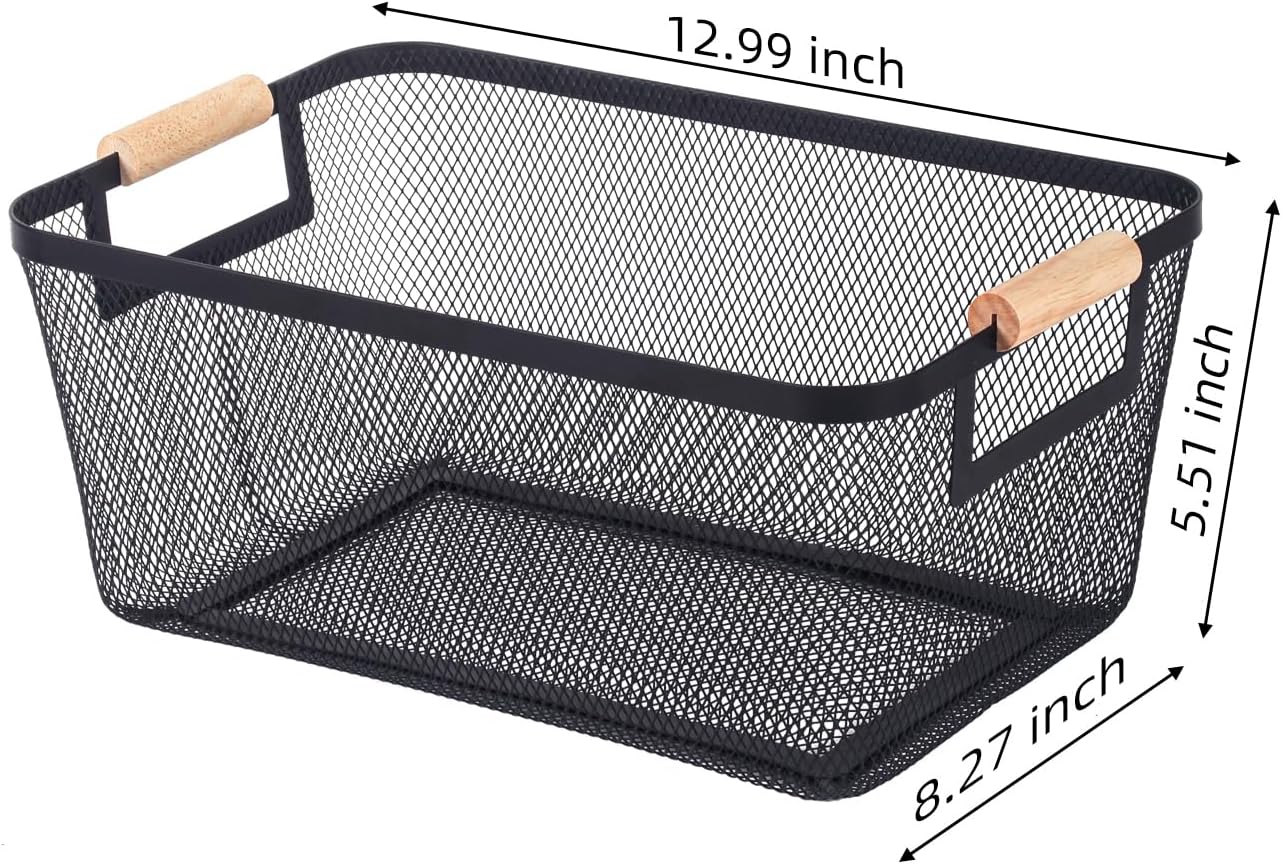 2-Pack Metal Mesh Basket, Large Wire Storage Organizer with Wood Handle for Kitchen Pantry, Bathroom, Cabinet, Closet, Picnic & Home Organization, Large, Black