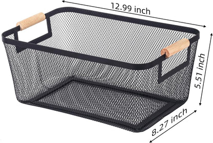 2-Pack Metal Mesh Basket, Large Wire Storage Organizer with Wood Handle for Kitchen Pantry, Bathroom, Cabinet, Closet, Picnic & Home Organization, Large, Black