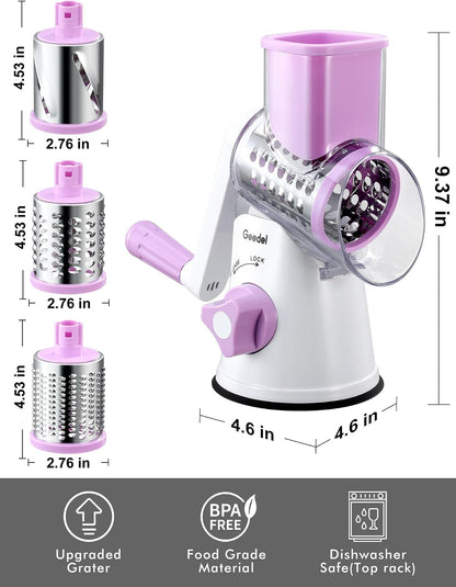 Geedel Rotary Cheese Grater, Kitchen Mandoline Vegetable Slicer with 3 Interchangeable Blades, Easy to Clean Rotary Grater Slicer for Cheese, Vegetables, Nuts