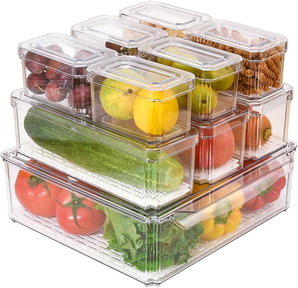 Stackable Refrigerator Organizer Bins with Lids, Fridge Organization and Storage Containers, BPA-Free Plastic Pantry Bins for Fruits, Vegetable, Drinks With Drain Tray, Set Of 10