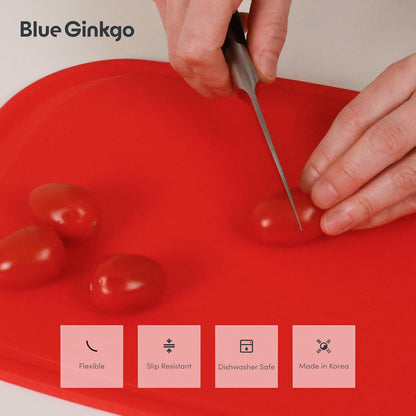 Blue Ginkgo Silicone Cutting Boards – Set of 3 (Small, Medium, Large) – Double-Sided, Thick, Flexible, Non-Slip, BPA Free – Juice Grooves, Dishwasher Safe (Made in Korea, Grey)