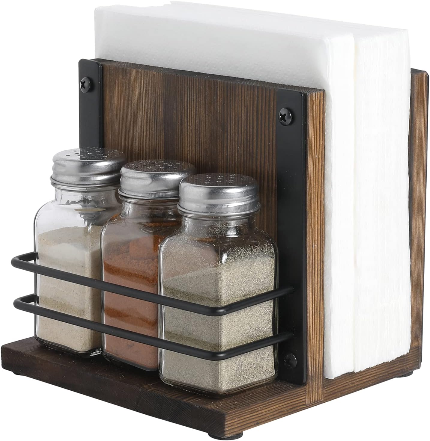 MyGift 2-in-1 Acrylic Napkin Holder with Salt and Pepper Shakers, Metal Vintage Scrollwork Dinner Table Paper Towel Condiment Holder with Rustic Solid Wood Base (Premium Clear Acrylic)