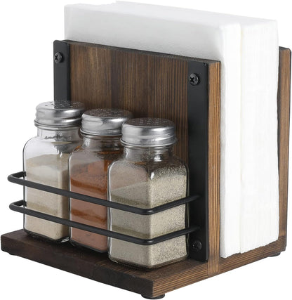 MyGift 2-in-1 Acrylic Napkin Holder with Salt and Pepper Shakers, Metal Vintage Scrollwork Dinner Table Paper Towel Condiment Holder with Rustic Solid Wood Base (Premium Clear Acrylic)