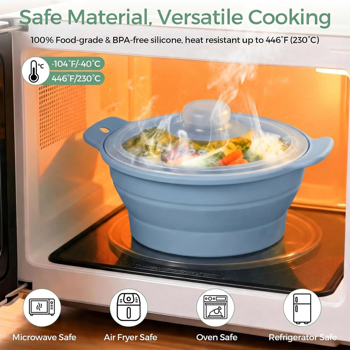 FUNKYLEE 42oz Collapsible Silicone Microwave Steamer for Vegetables, Green
