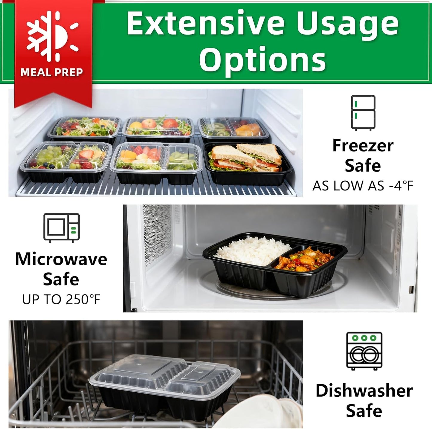 Meal Prep Containers 2 Compartment 15 Pack, 28 oz Divided Reusable Food Storage Containers with Lids Takeout Food Storage Containers Black, Microwave Dishwasher Freezer Safe, Stackable, BPA Free
