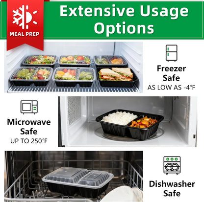 Meal Prep Containers 2 Compartment 15 Pack, 28 oz Divided Reusable Food Storage Containers with Lids Takeout Food Storage Containers Black, Microwave Dishwasher Freezer Safe, Stackable, BPA Free