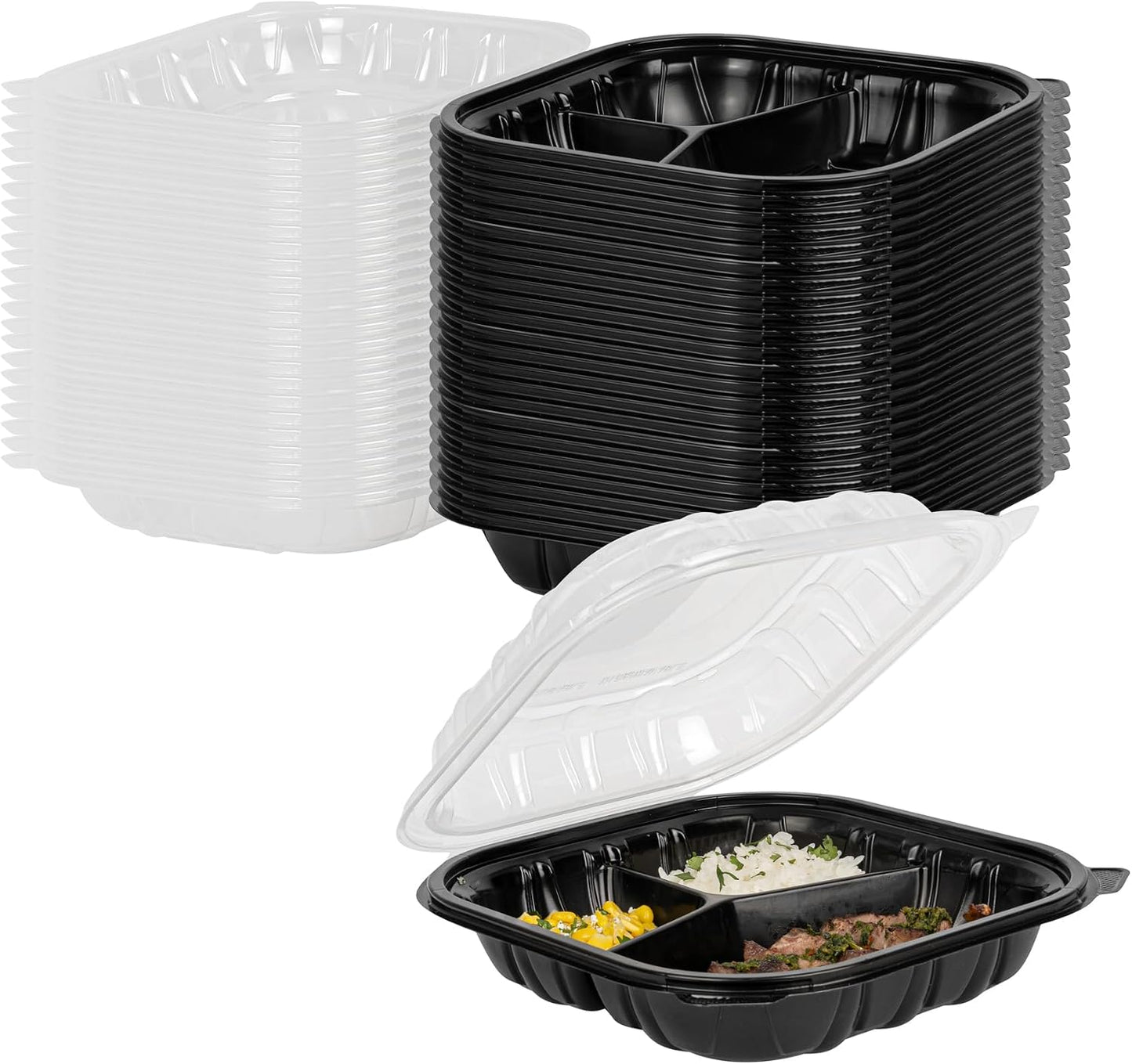 Thermo Tek 40 Ounce Clamshell Containers, 50 Disposable Take Out Boxes - 3 Compartments, Ventilated Lids, Black Plastic Meal Prep Containers, Microwavable, For Pasta Or Salads - Restaurantware