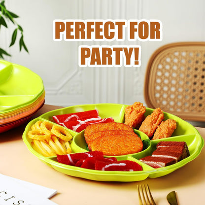 Rtteri 12 Pcs Plastic Divided Serving Trays 12 Inch Round Chip Dip Plate 6 Sectional Snacks Serving Dish Food Platters for Party Candy Nuts Fruits Veggies(Colorful)