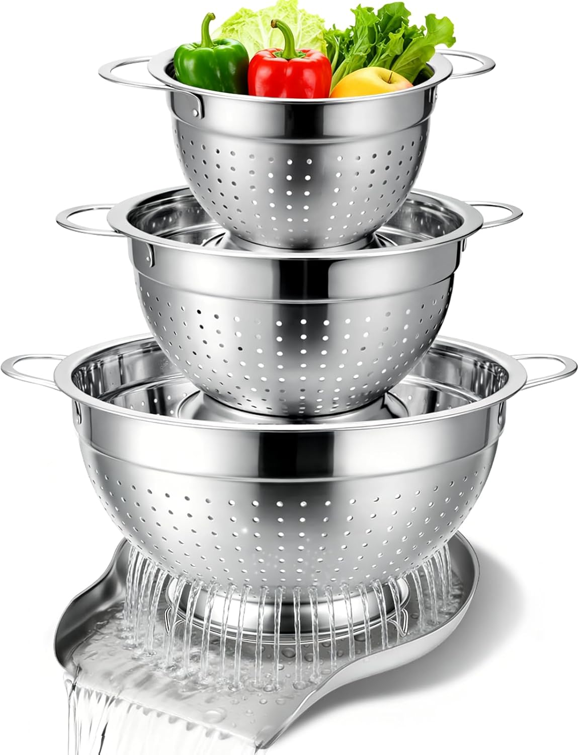 Palksky Stainless Steel Colander Set with Self-Draining Base, 3 Sizes Colanders & Food Strainers for Pasta, Rice, Fruits & Veggies, Metal Colander with Draining Plate for Sink or Countertop