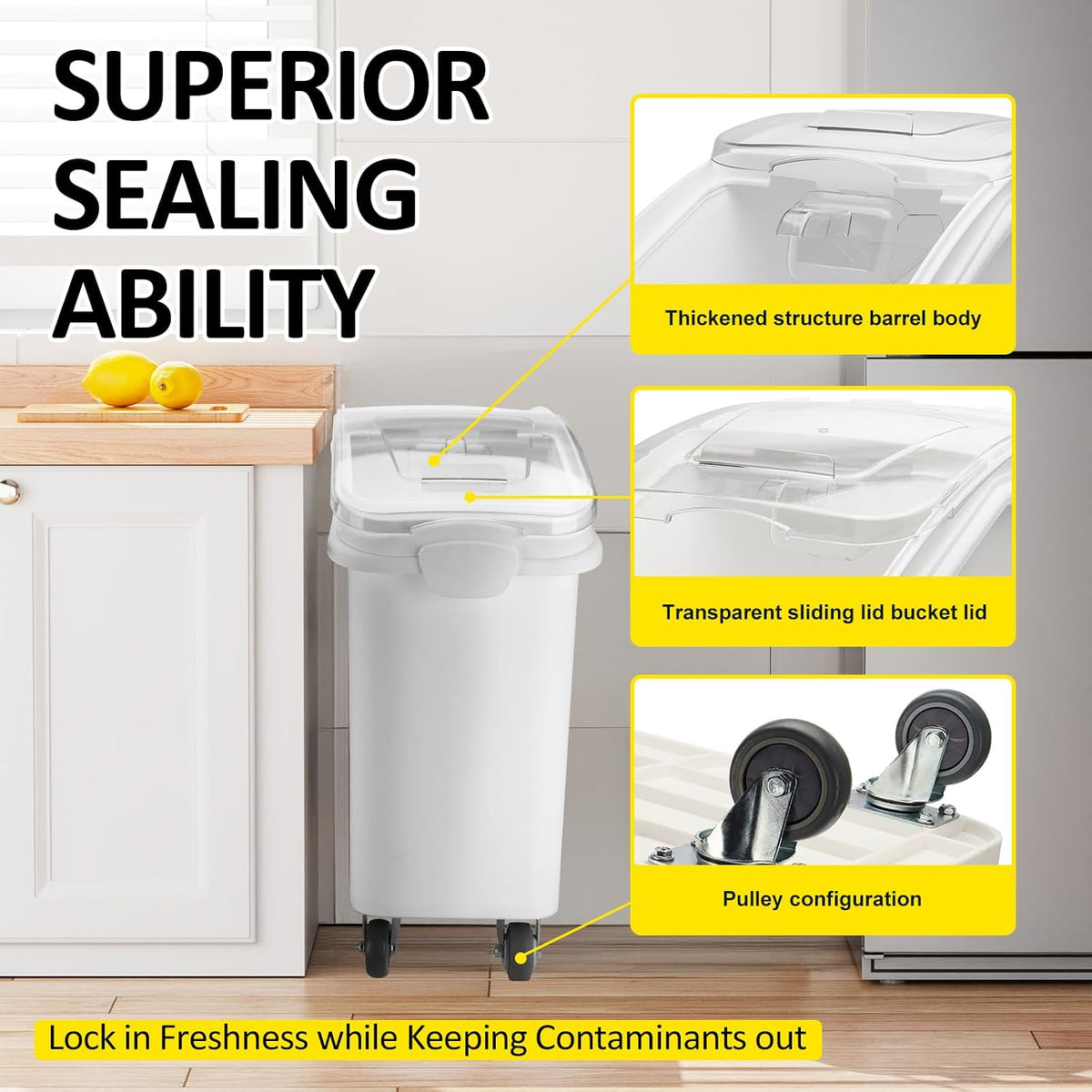 26.93 Gallon Commercial Flour Bin with Locking Wheels,Mobile Ingredient Storage Container,Holds 227lb Sugar /149lb Flour,Kitchen & Pantry Organizer