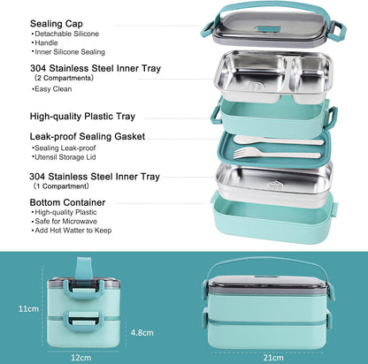Stainless Steel Bento Box for Adults&Kids,Japanese Leakproof Lunch Box Divided Food Meal Storage Containers Set Stackable 2 Layer for Children School Picnic Beige