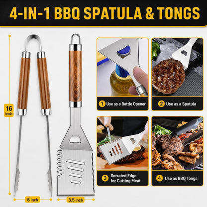 34Pcs Grill Accessories Grilling Gifts for Men, 16 Inches Heavy Duty BBQ Accessories, Stainless Steel BBQ Tools with Thermometer, Grill Mats for Backyard, BBQ Gifts Set for Men Women
