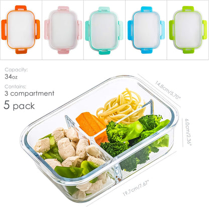 C CREST [5-Pack] Glass Lunch Box, Meal Prep Glass Containers with Lids, Glass Food Storage Containers, 34 OZ