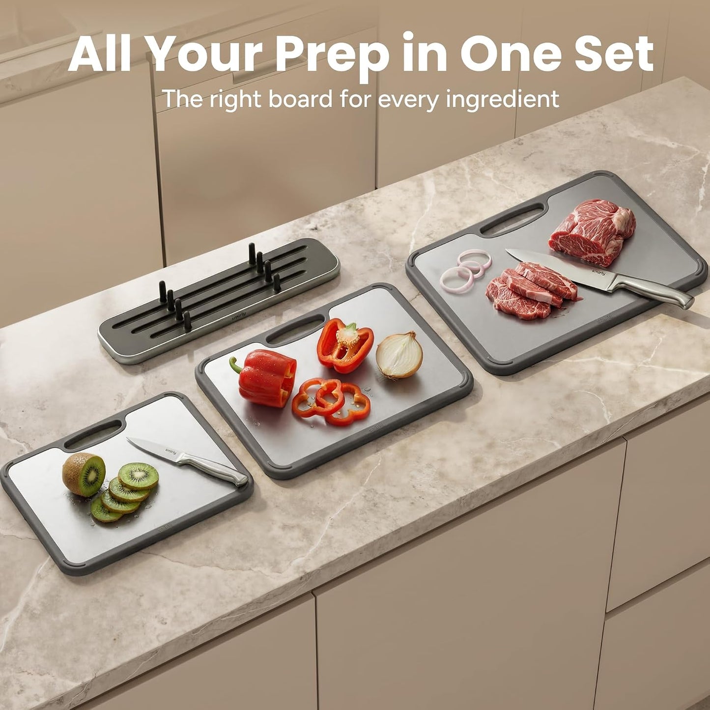 SMIRLY Titanium Cutting Board for Kitchen, Double Sided Chopping Board Set with Holder, Pure Titanium, 3 Pack (Silver)