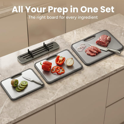 SMIRLY Titanium Cutting Board for Kitchen, Double Sided Chopping Board Set with Holder, Pure Titanium, 3 Pack (Silver)