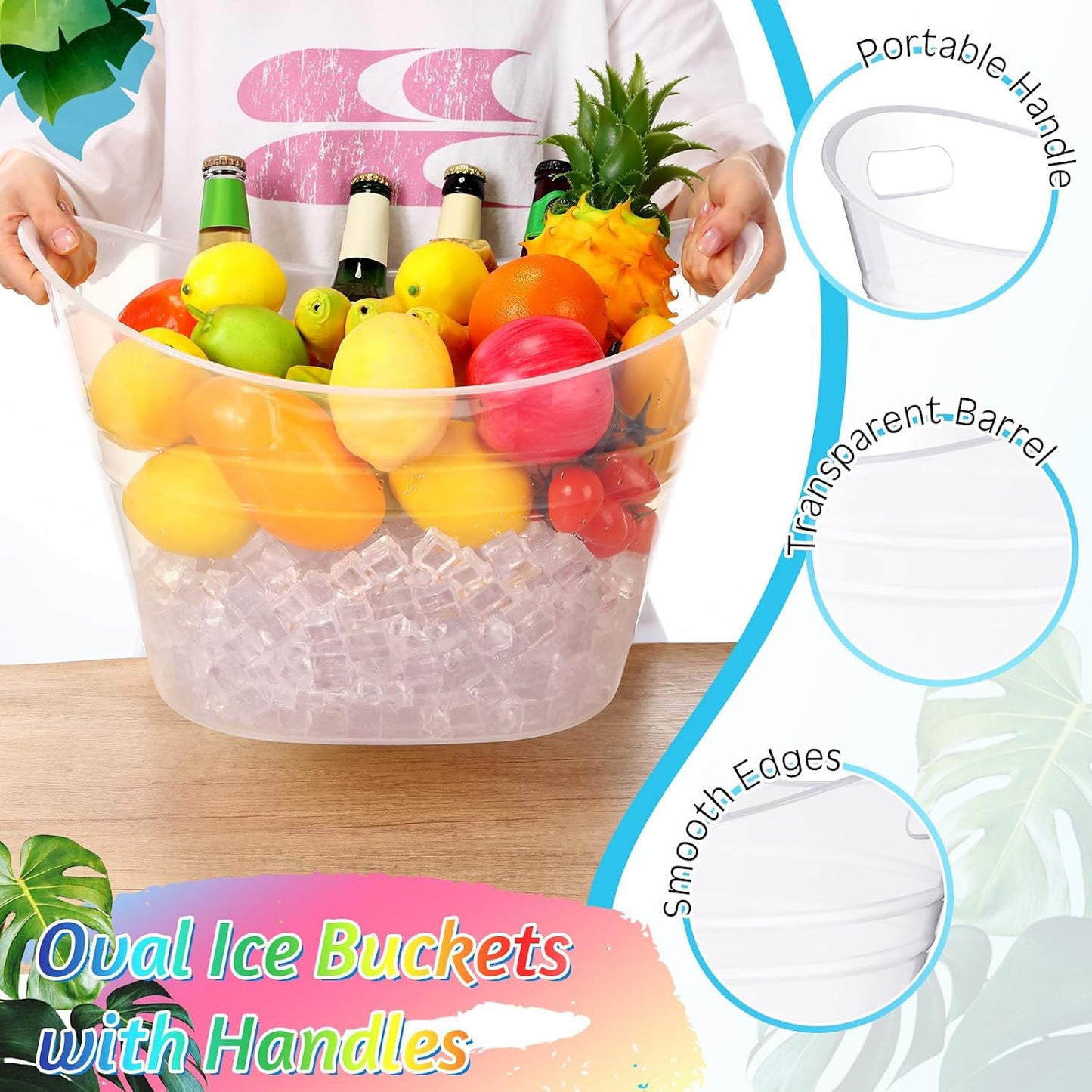 meekoo 6 Pcs Plastic Ice Buckets Bulk with Handles 4.5L Oval Storage Tub Large Capacity Ice Drink Bucket for Party Bar Wine Beer Champagne Beverage Bottle Cooler (4.5 L,Orange)