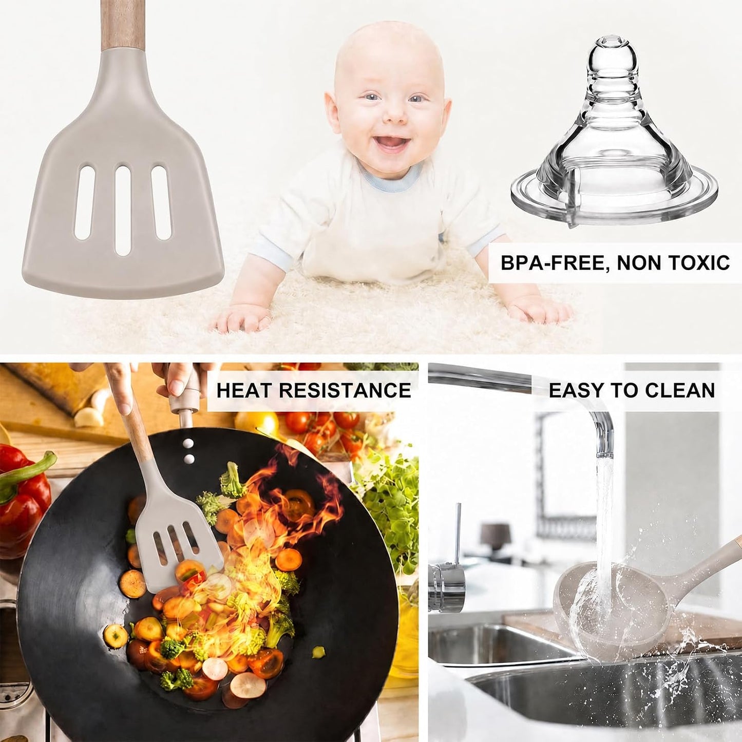 MIBOTE 17 Pcs Silicone Cooking Kitchen Utensils Set with Holder, Wooden Handles Silicone Turner Tongs Spatula Spoon Kitchen Gadgets Utensil Set for Nonstick Cookware (Grey)