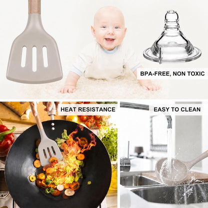 MIBOTE 17 Pcs Silicone Cooking Kitchen Utensils Set with Holder, Wooden Handles Silicone Turner Tongs Spatula Spoon Kitchen Gadgets Utensil Set for Nonstick Cookware (Grey)