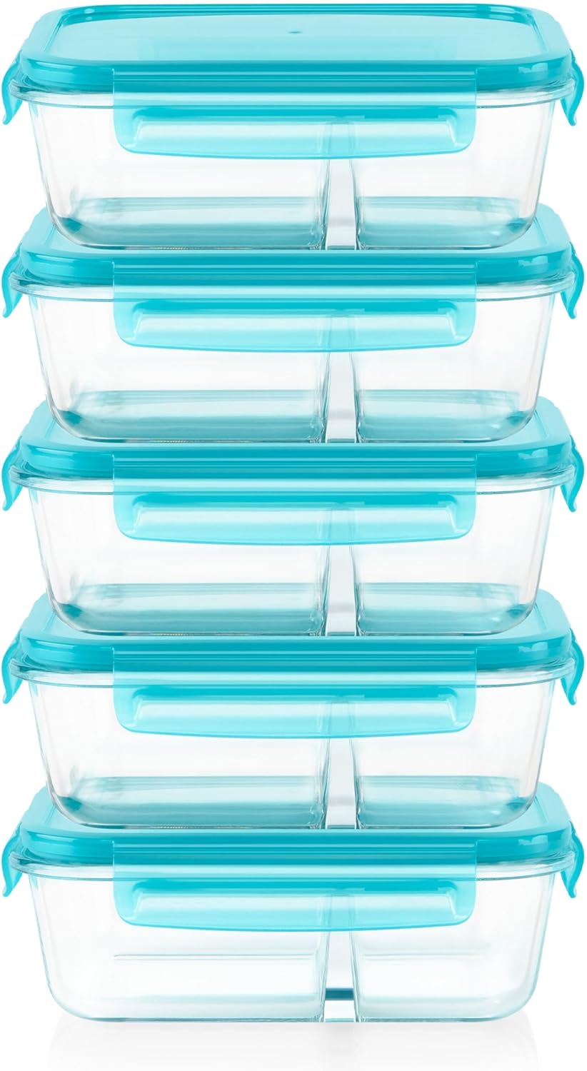 Pyrex Glass Meal Box (5-Pack, 2.3 Cup) Divided Compartments with Locking Lids, For Meal Prepping and Portioning, BPA Free Microwave Dishwasher Safe