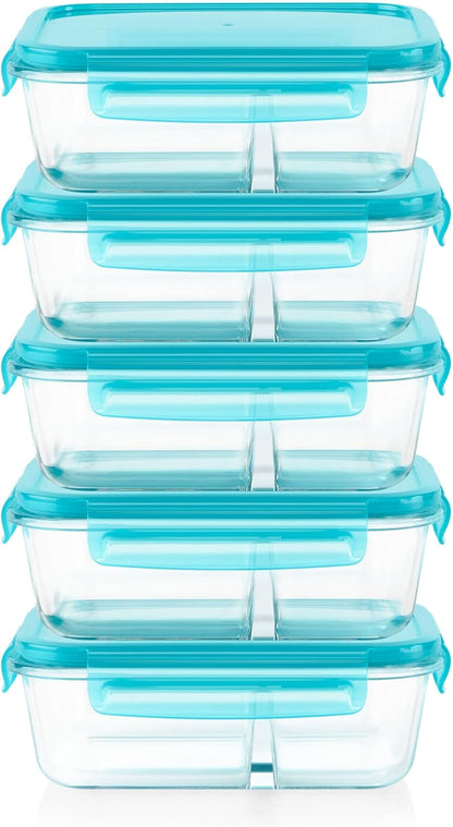 Pyrex Glass Meal Box (5-Pack, 2.3 Cup) Divided Compartments with Locking Lids, For Meal Prepping and Portioning, BPA Free Microwave Dishwasher Safe