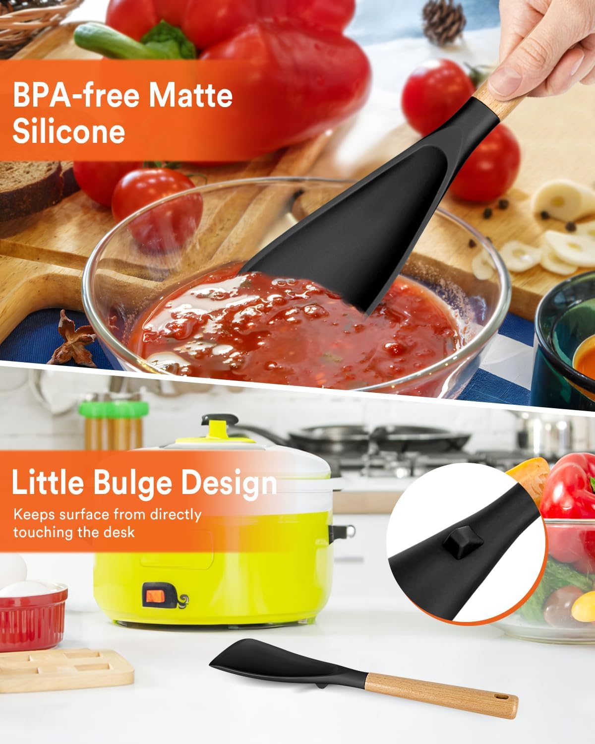Cooking Spoon for Nonstick Cookwares, Great for Cooking and Serving Sturdy BPA-Free Matte Silicone, Wood Handle Spoon for Mixing, Scoop, and Scrape (Black & Grey, 11.4 inch)