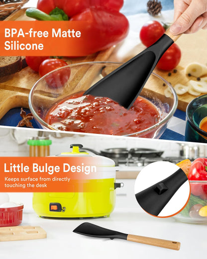 Cooking Spoon for Nonstick Cookwares, Great for Cooking and Serving Sturdy BPA-Free Matte Silicone, Wood Handle Spoon for Mixing, Scoop, and Scrape (Black & Grey, 11.4 inch)