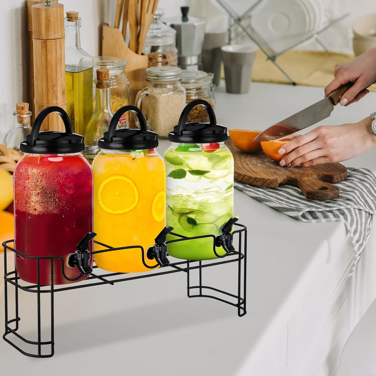 Tanlade 3 Pcs Plastic Drink Dispenser with Stand Beverage Dispenser with Sturdy Metal Base Juice Dispensers for Parties Lemonade Jar Spigot for Weddings Countertop, Each 1 Gallon(White)