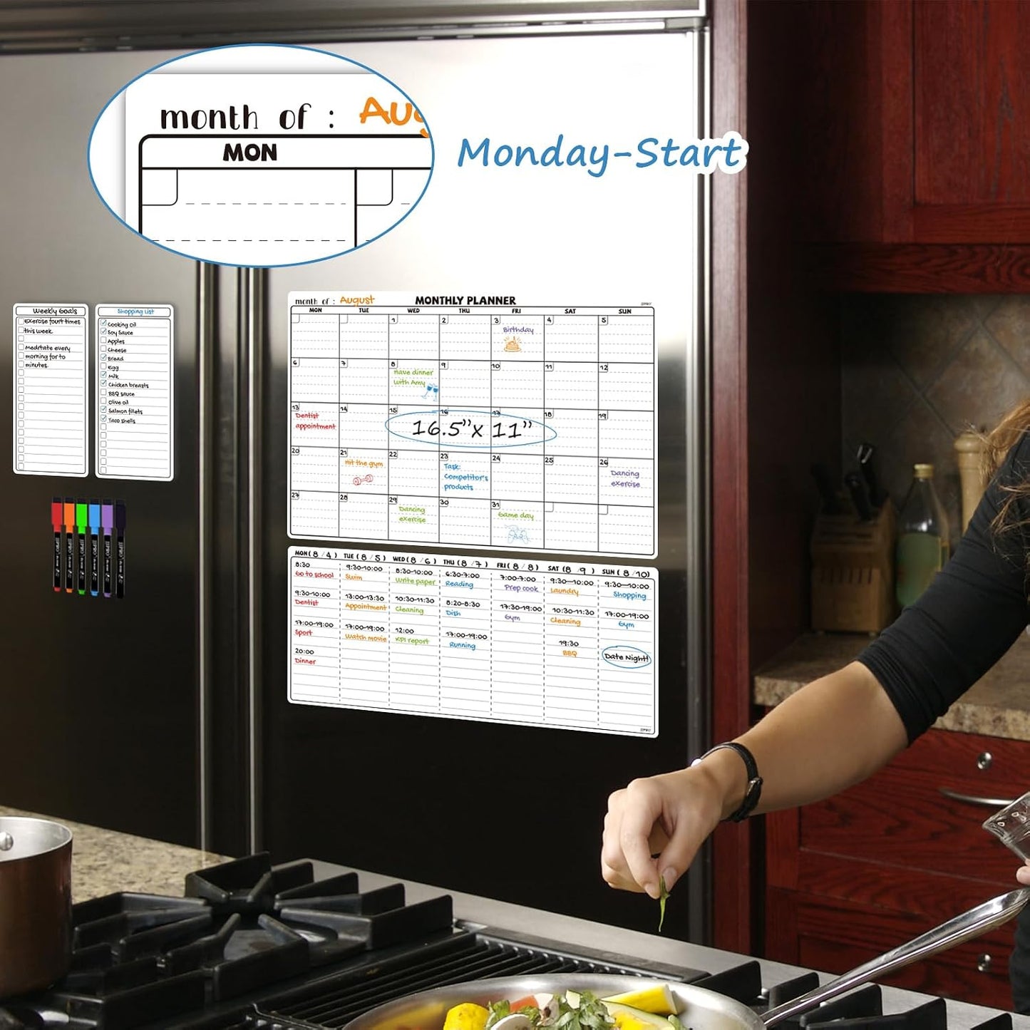 JJPRO Magnetic Dry Erase Calendar for Refrigerator-Reusable Monthly Calendar Starts Monday,Weekly Planner&to Do List for Fridge-Magnetic Monthly,Weekly Planner&List 2pcs-16.5x11"