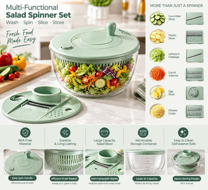 Salad Spinner Large, Lettuce Spinner with 5 Blade Slicer, 5.5 Qt Vegetable Wash Bowl, Fruits & Herb Lettuce Dryer with Egg Yolk Strainer for Efficient Salad Preparation and Food Washing