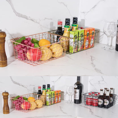 JUNCHU CHERRY Wire Kitchen Storage Basket 4 Packs,Perfect Pantry Organization Accessories Baskets,Laundry Basket,Countertop Organization,Suitable for Kitchen,Bathroom,Bedroom,Tabletop,Stackable,Chrome