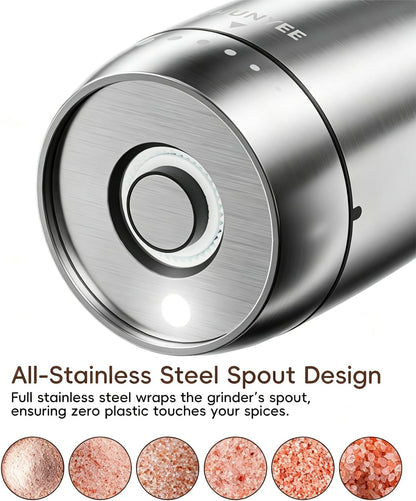 Electric Salt and Pepper Grinder Set - Automatic Stainless Steel Rechargeable Salt and Pepper Grinder Set with Storage Base, Large Capacity, LED Light & Adjustable Coarseness, Ideal Kitchen Gadget