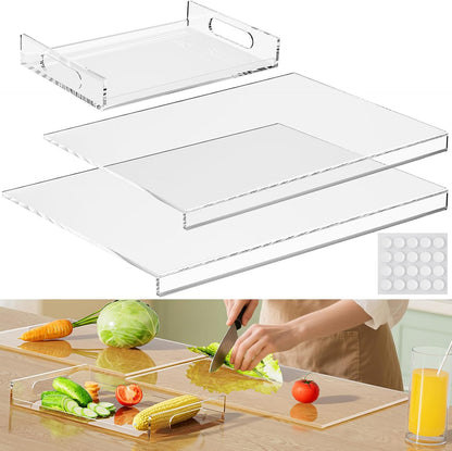 HELPLEX Acrylic Cutting Board with Counter Lip – Set of 3 Clear Non-Slip Chopping Boards and Cutting Boards for Kitchen Countertop, 17.5x13.5 & 16x12 + 8x12 Tray, Gift for Home Cooks