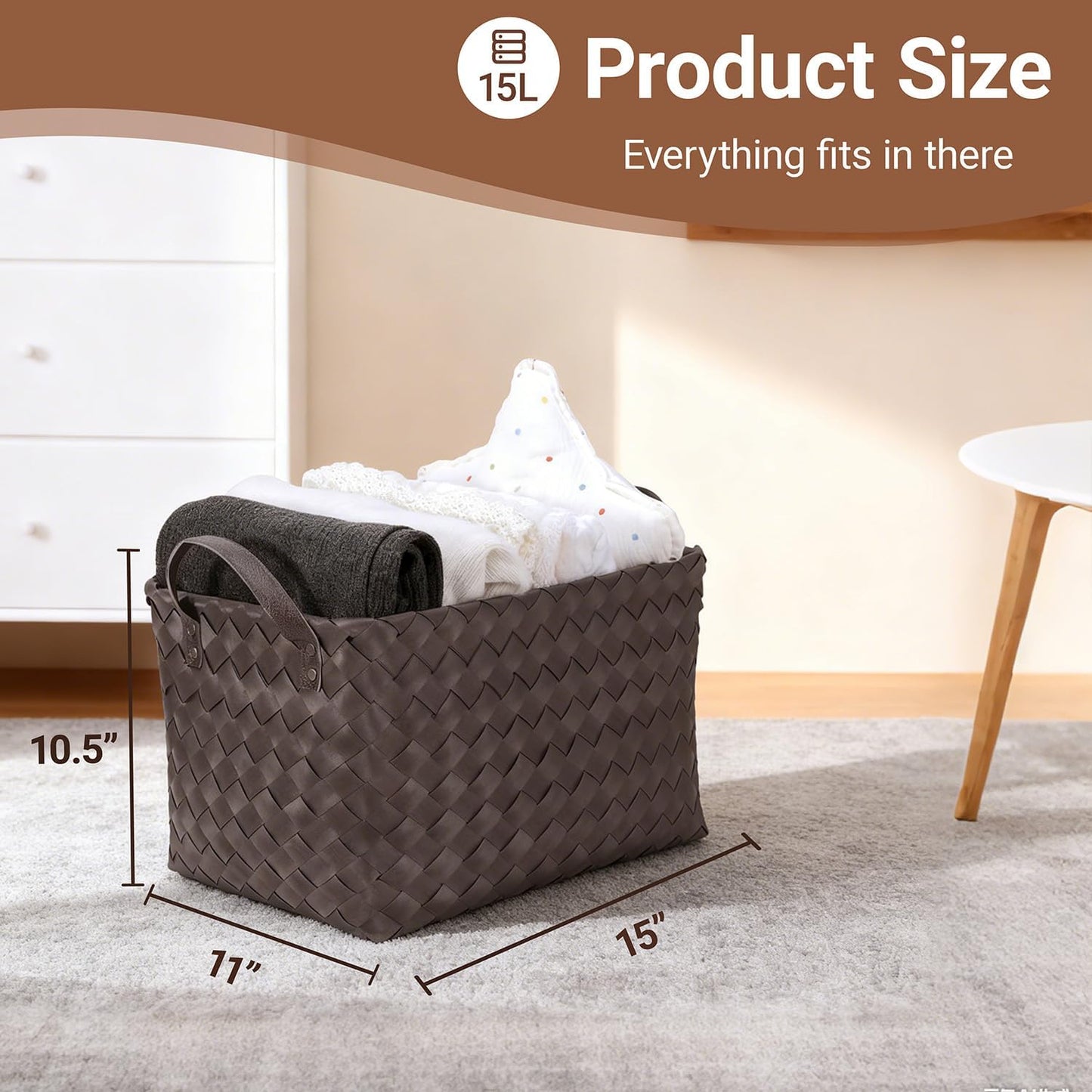 15L Laundry Baskets Waterproof Storage Baskets For Shelves Large Laundry Hamper With Leather Handle -set of 4 Cube Organizers Woven Bins for Bathroom,Bedroom,Pantry,Clothes,Car & Towels-Brown