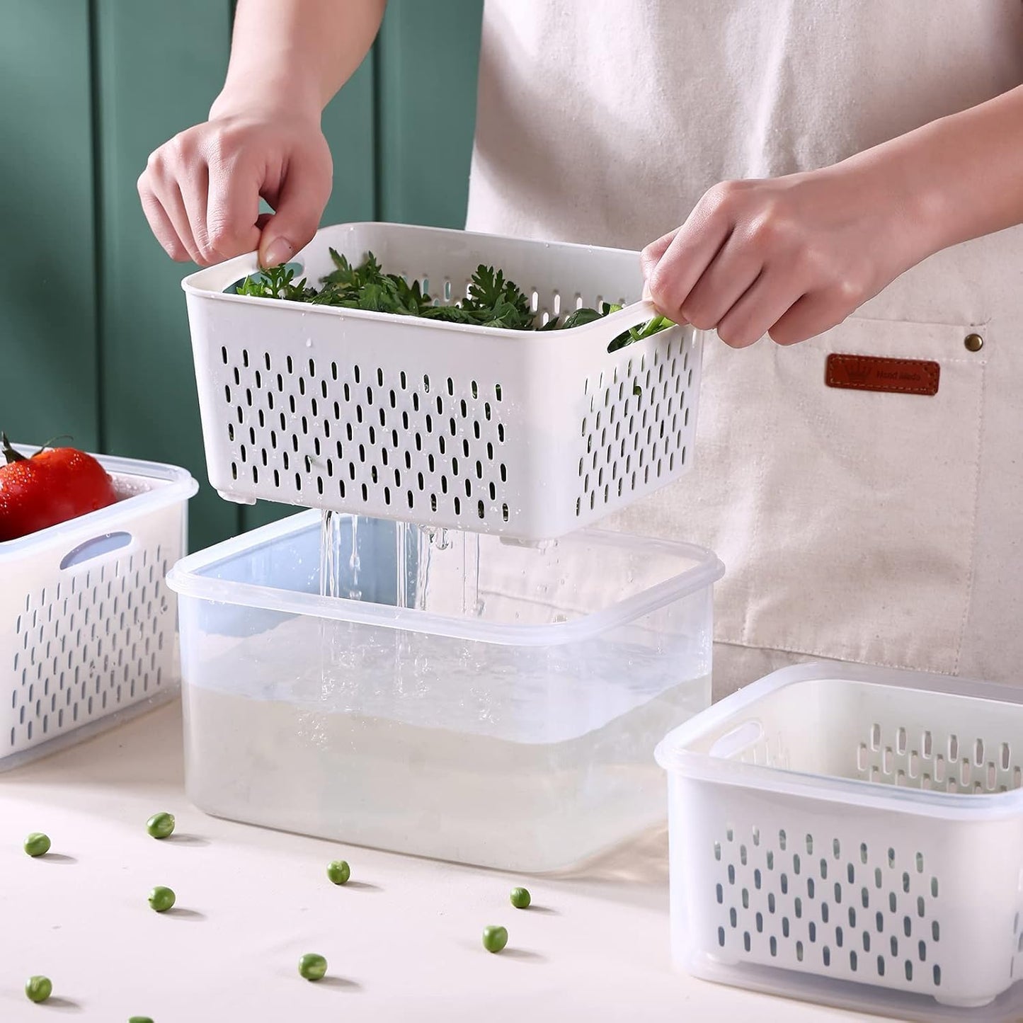 3Pack Fridge Food Storage Container Set with Lids with Strainer,Plastic Fresh Produce Saver Vegetable Fruit Meat Storage Organization, BPA-Free Plastic Produce Keepers(3.15L+1.7L+0.8L)