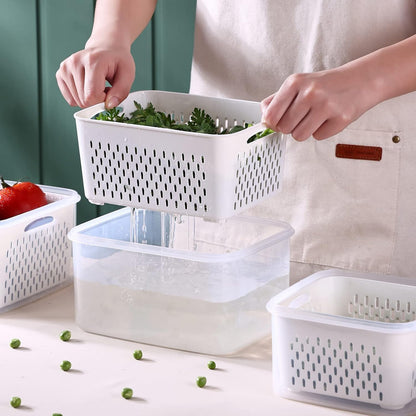 3Pack Fridge Food Storage Container Set with Lids with Strainer,Plastic Fresh Produce Saver Vegetable Fruit Meat Storage Organization, BPA-Free Plastic Produce Keepers(3.15L+1.7L+0.8L)