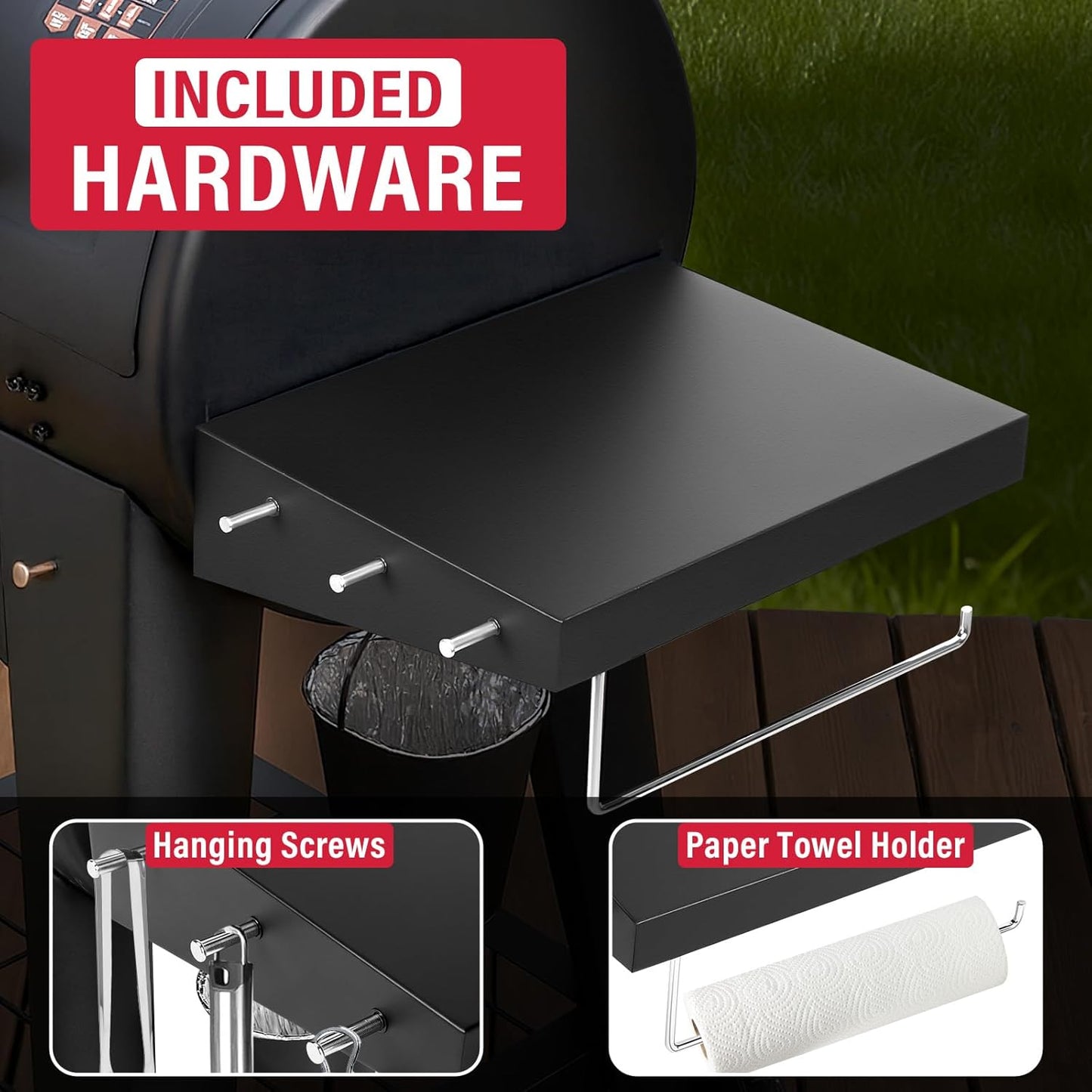 Upgraded Grill Table for Weber Kettle 22"/18"/26", Master Touch 22", Smokey Mountain, Recteq Pellet Grill RT-B380, Prep Station with Cutting Board, Basin, 4 Hooks, Shelf for Weber Kettle Accessories