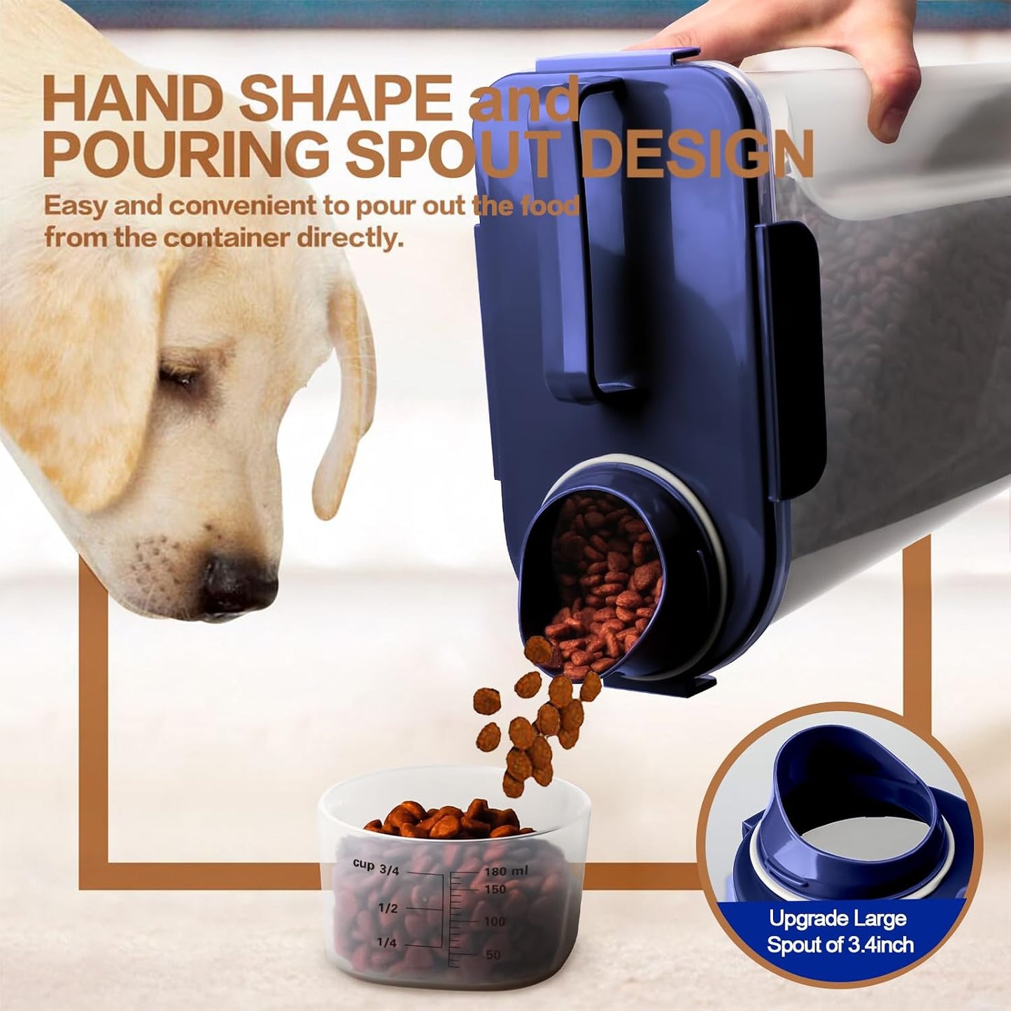 TIOVERY Upgraded Dog Food Storage Container Small, Cat Food Container Airtight, Pet Food Container Dispenser with Pour Spout, Measuring Cup and 4 Seal Buckles for Dogs, Cats, Birds (Blue)