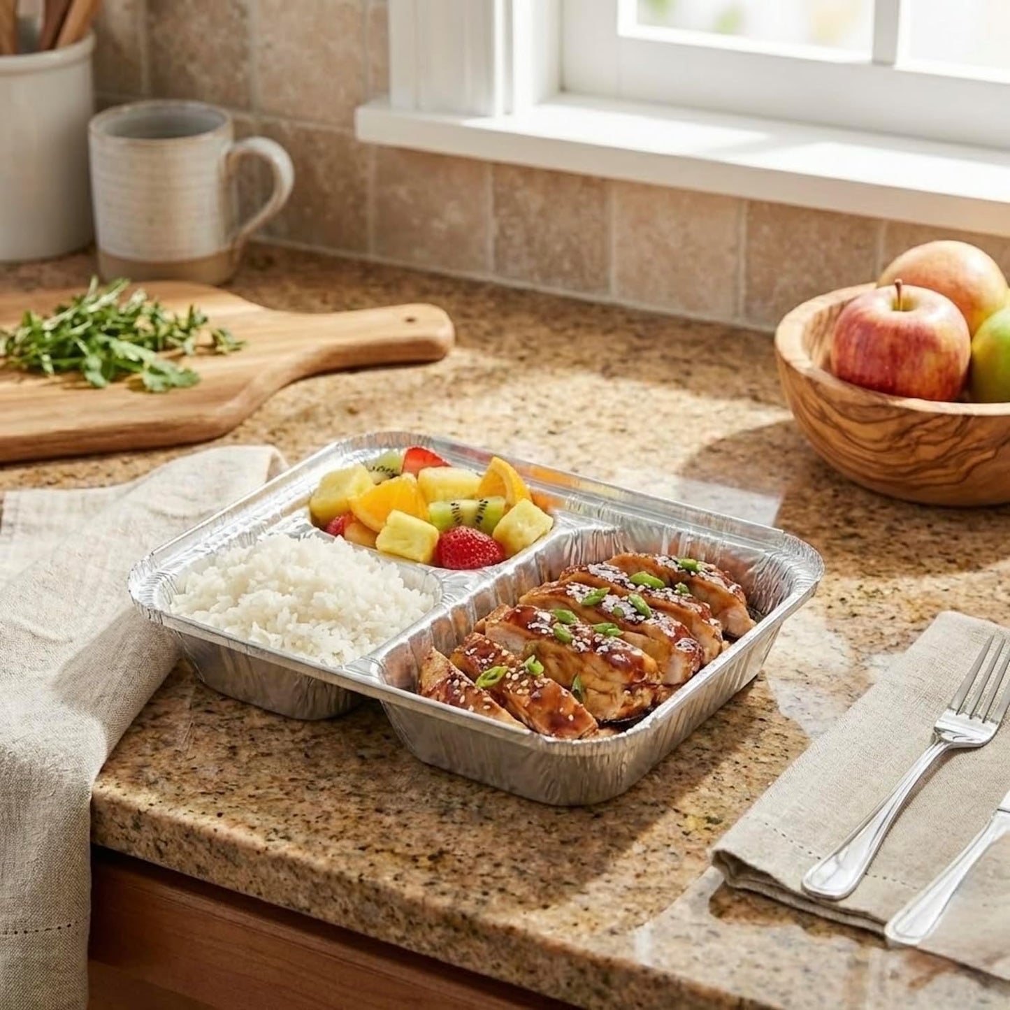 The Baker Celebrations 3 Compartment Aluminum Foil Trays with Lids [30] Pack - 20 oz Disposable Divided Meal Prep Containers - To Go TV Dinner Plates for Takeout & Freezer - Made in USA (8.5" x 6.5")
