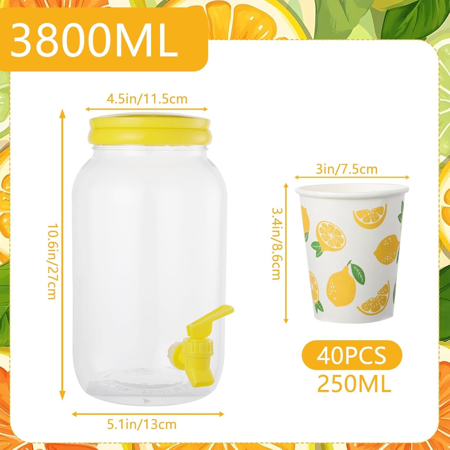 2 Pcs Plastic Beverage Dispenser with Spigot and 40 Pcs Lemon Paper Party Cups Kitchen Fridge Clear Plastic Drink Summer Beverage Dispenser for Summer Parties Water Lemon Juice Tea Beer