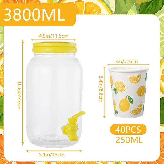 2 Pcs Plastic Beverage Dispenser with Spigot and 40 Pcs Lemon Paper Party Cups Kitchen Fridge Clear Plastic Drink Summer Beverage Dispenser for Summer Parties Water Lemon Juice Tea Beer