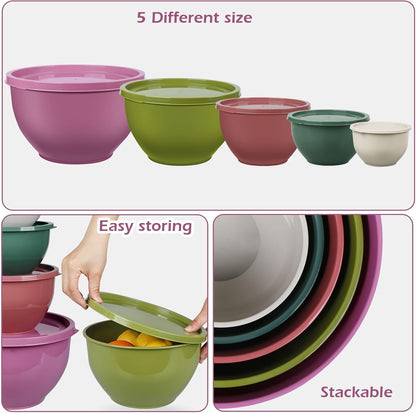 Greentainer Plastic Mixing Bowls with Lids Set for Kitchen, 5 Set Nesting Bowls for Mixing, Baking, Prepping, Cooking and Serving Food, Mixing Bowls Dishwasher, Microwave Safe