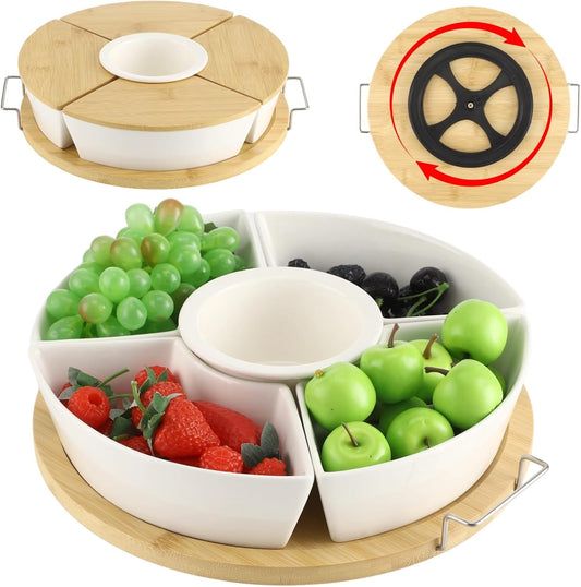 Taco Bar Serving Set for a Party, Veggie Tray Platter with Lid, Ceramic Lazy Susan Serving Tray with Divided Sections, Wooden Lids and Metal Handles, 360 Rotating Serving Set for Fruits Vegetable Dip