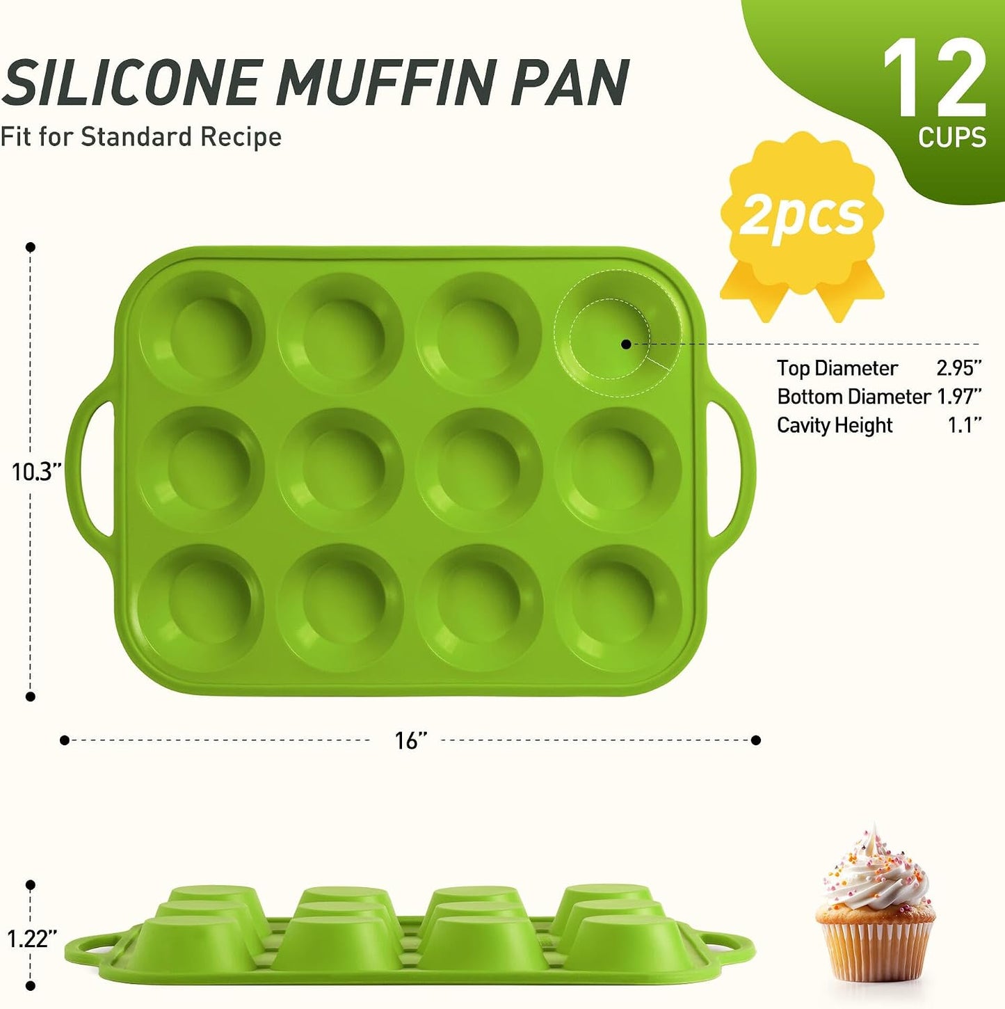 2 Packs 12 Cups Silicone Muffin Pan for Baking with Metal Reinforced Frame Regular Size Cupcake Pan Tray Egg Bites Silicone Cookie Molds Muffin Tin Tart Pans Sheet Set for Oven Dishwasher Safe
